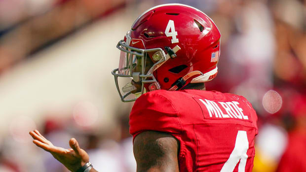 Alabama quarterback Jalen Milroe against Razorbacks on Saturday